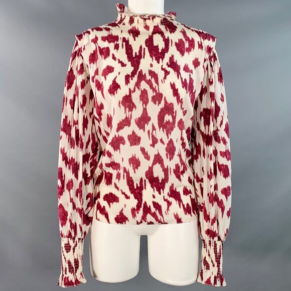 ISABEL MARANT Size M Yoshi White Raspberry Silk Animal Print Ruffle Blouse - Picture 1 of 6